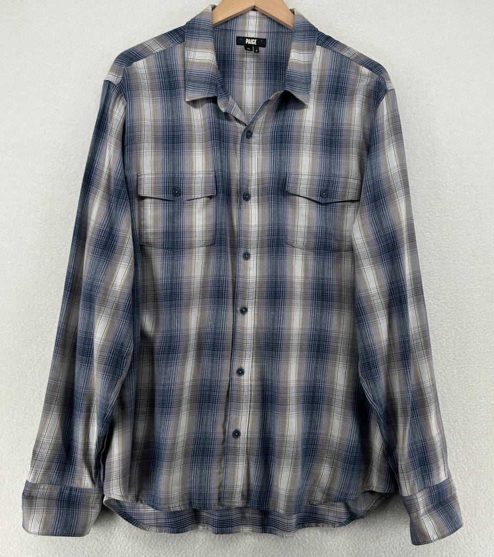 PAIGE Shirt Men XL Flannel Plaid Utility Button Up Long Sleeve Cotton Blend Gray